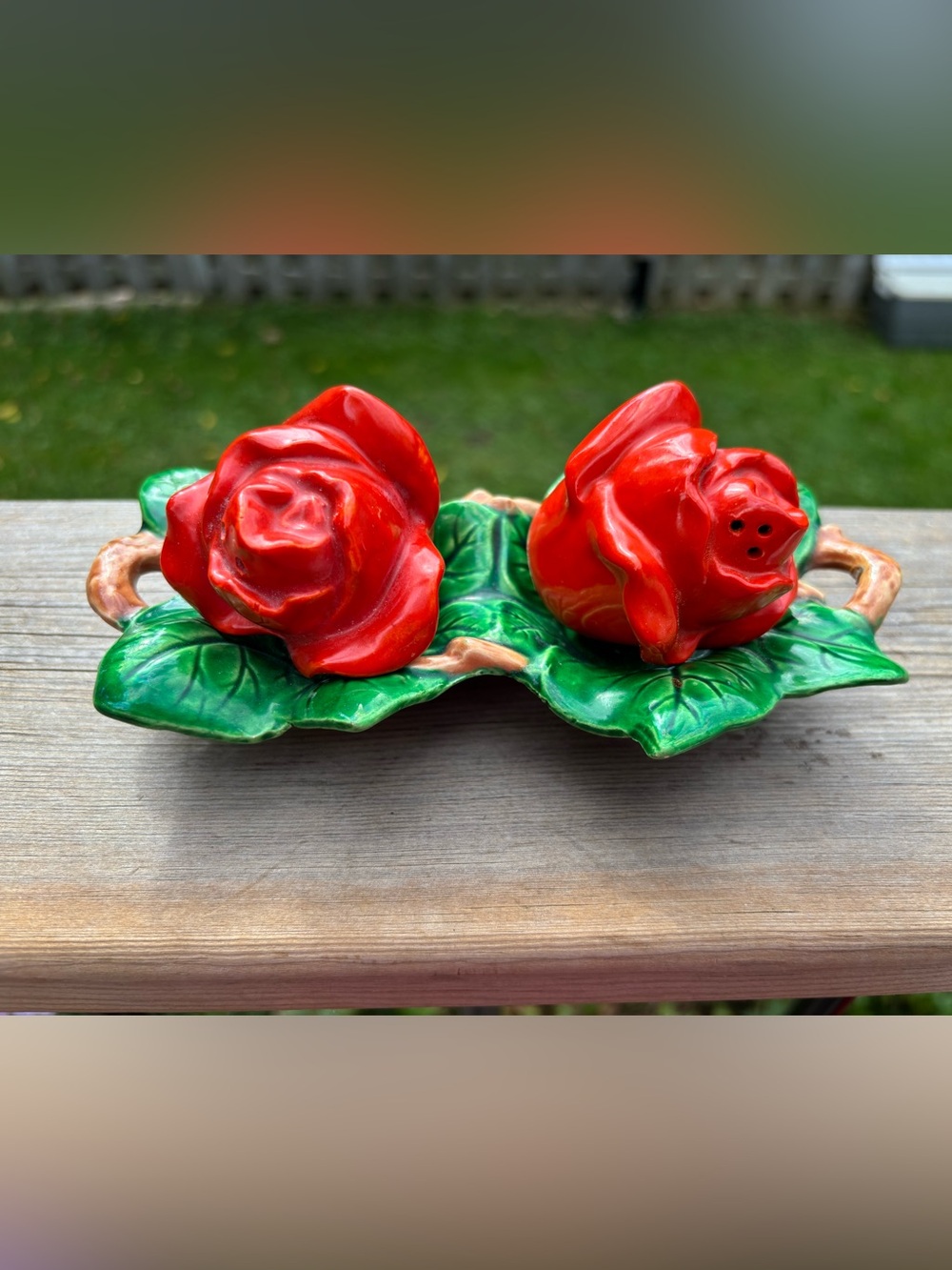 Vintage Red Rose Salt and Pepper Shakers with Leaf Tray-Japan